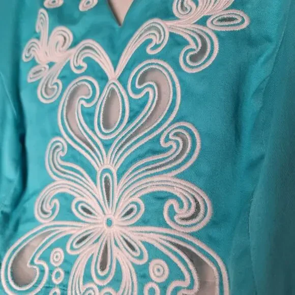 Lilly Pulitzer Teal White Embroidered Cotton Dress Size 10 Summer Resort - Picture 6 of 11
